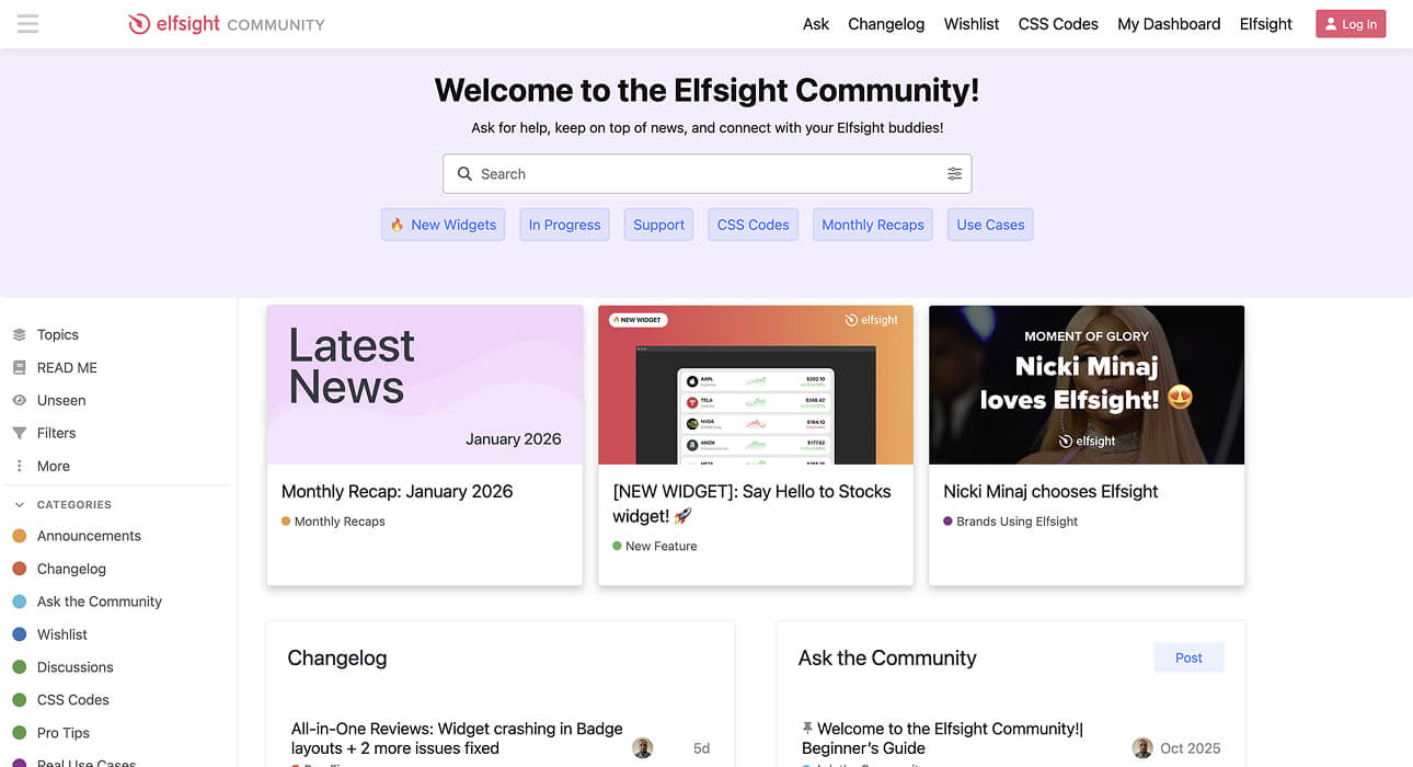 Elfsight Discourse forum homepage