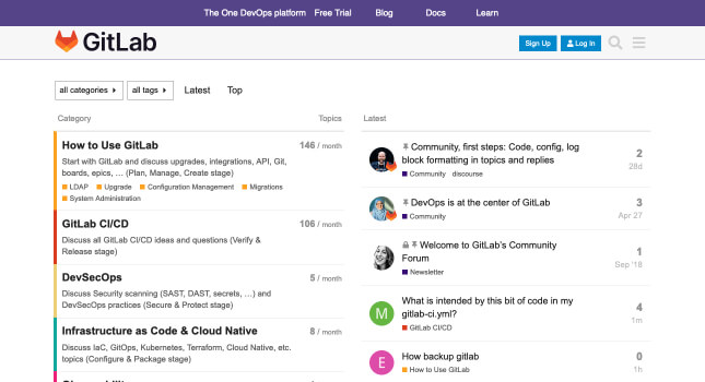 GitLab Discourse forum homepage