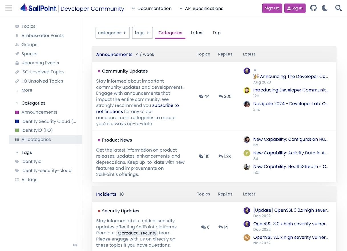 Sailpoint Discourse forum homepage