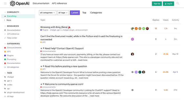 OpenAI Discourse forum homepage