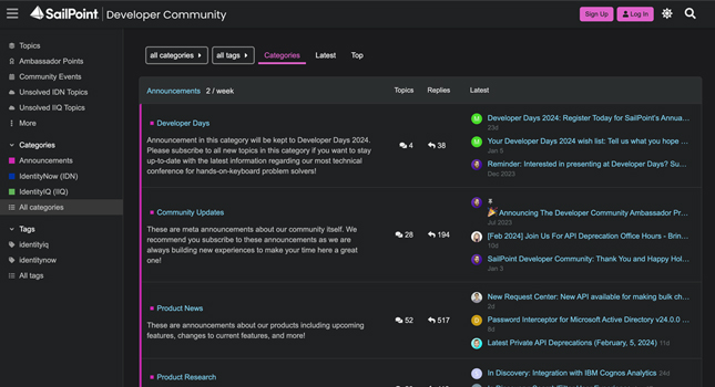 Sailpoint Discourse forum homepage