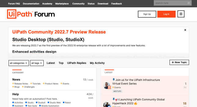 UiPath Discourse forum homepage